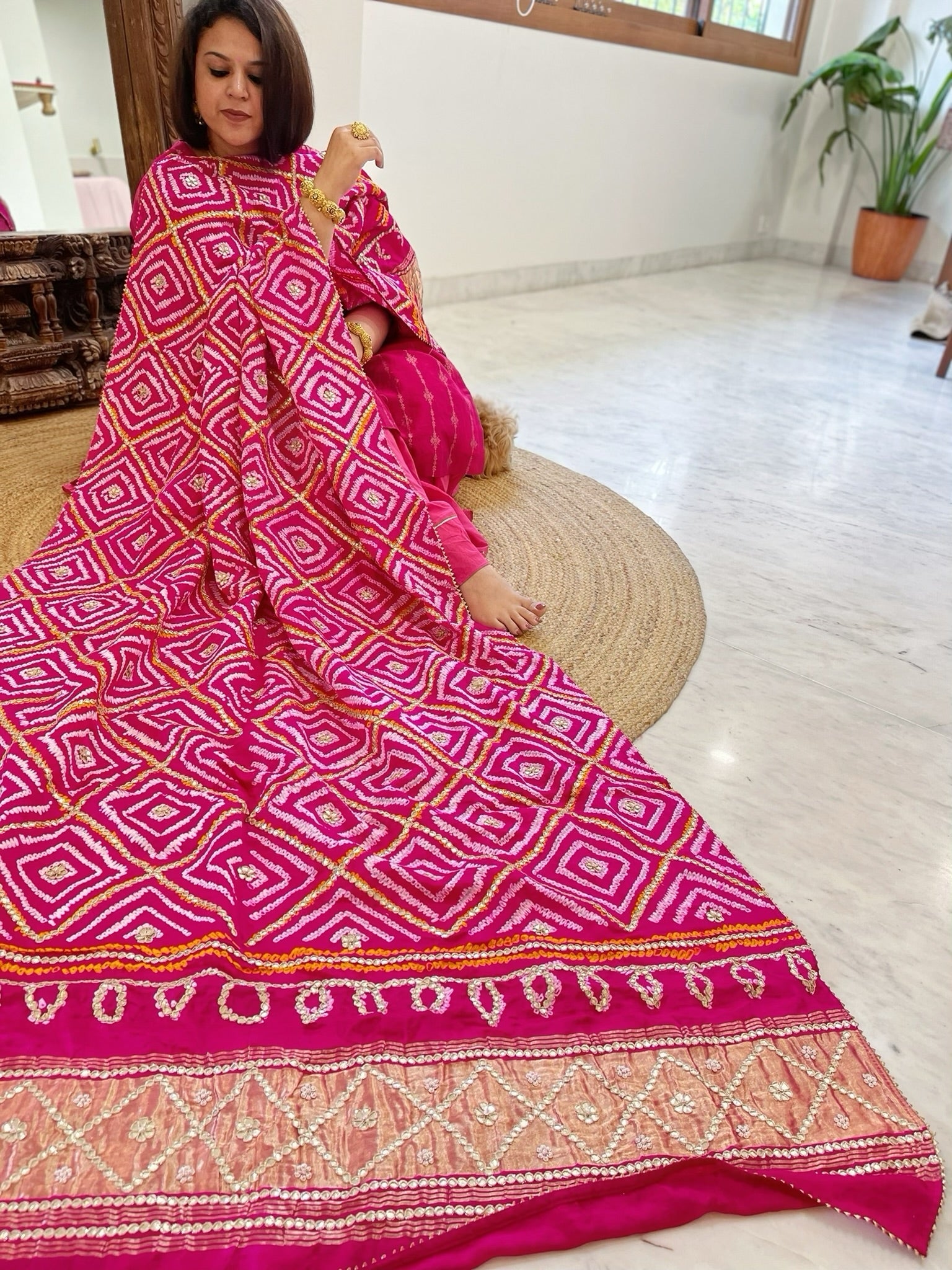 Pink Bandhani Dupatta with Gotapatti Handwork in Pure Silk - Masakalee