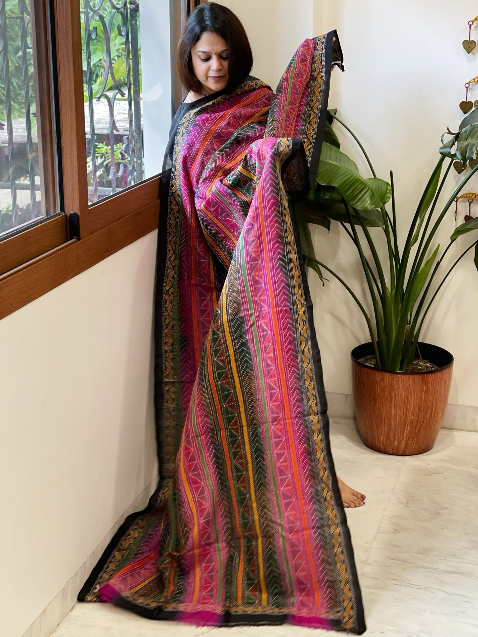 Pink, Black Handmade Kantha Dupatta in Silk - Masakalee
