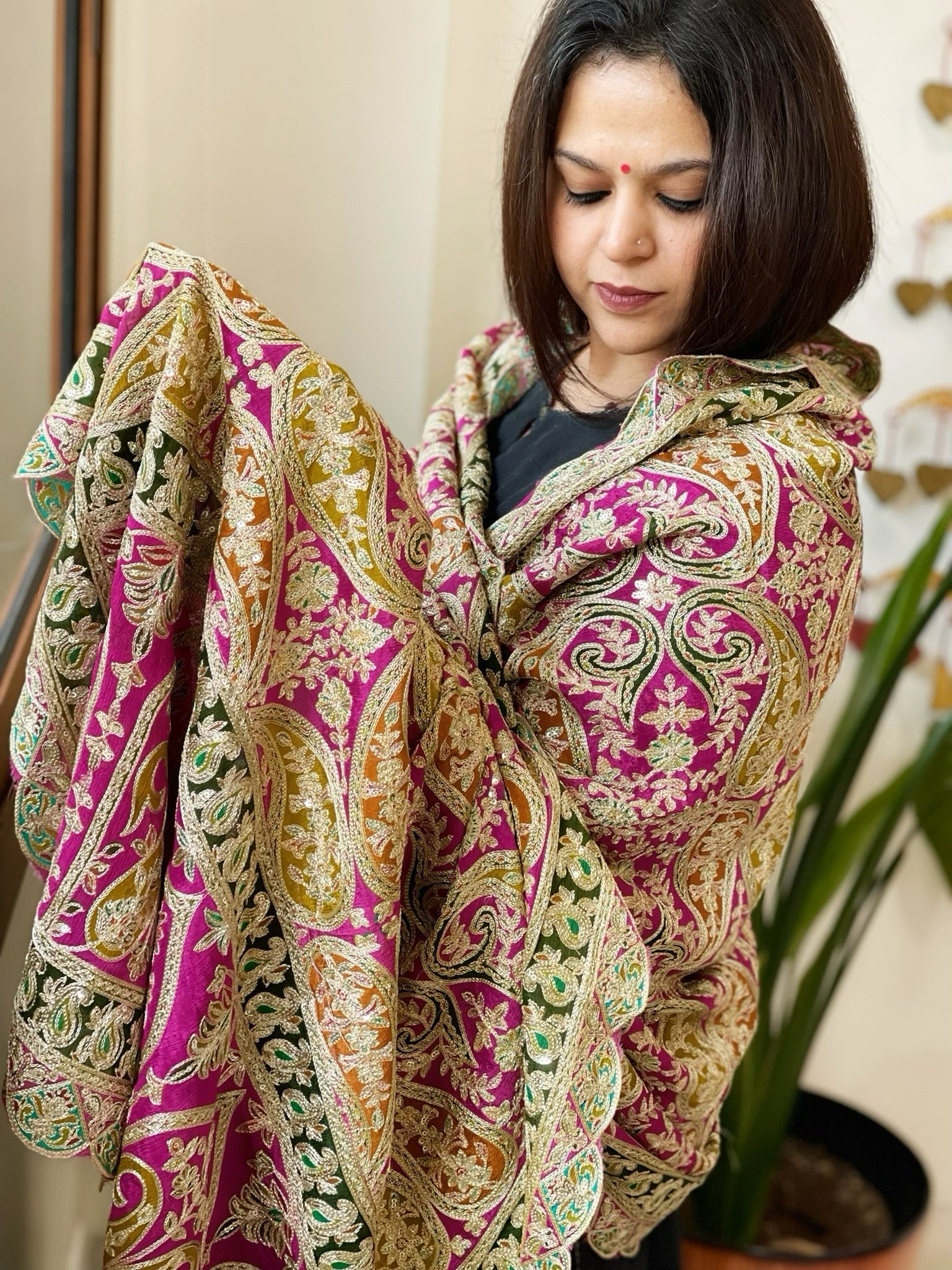 Pink Chinon Dupatta with Aari Embroidery - Masakalee