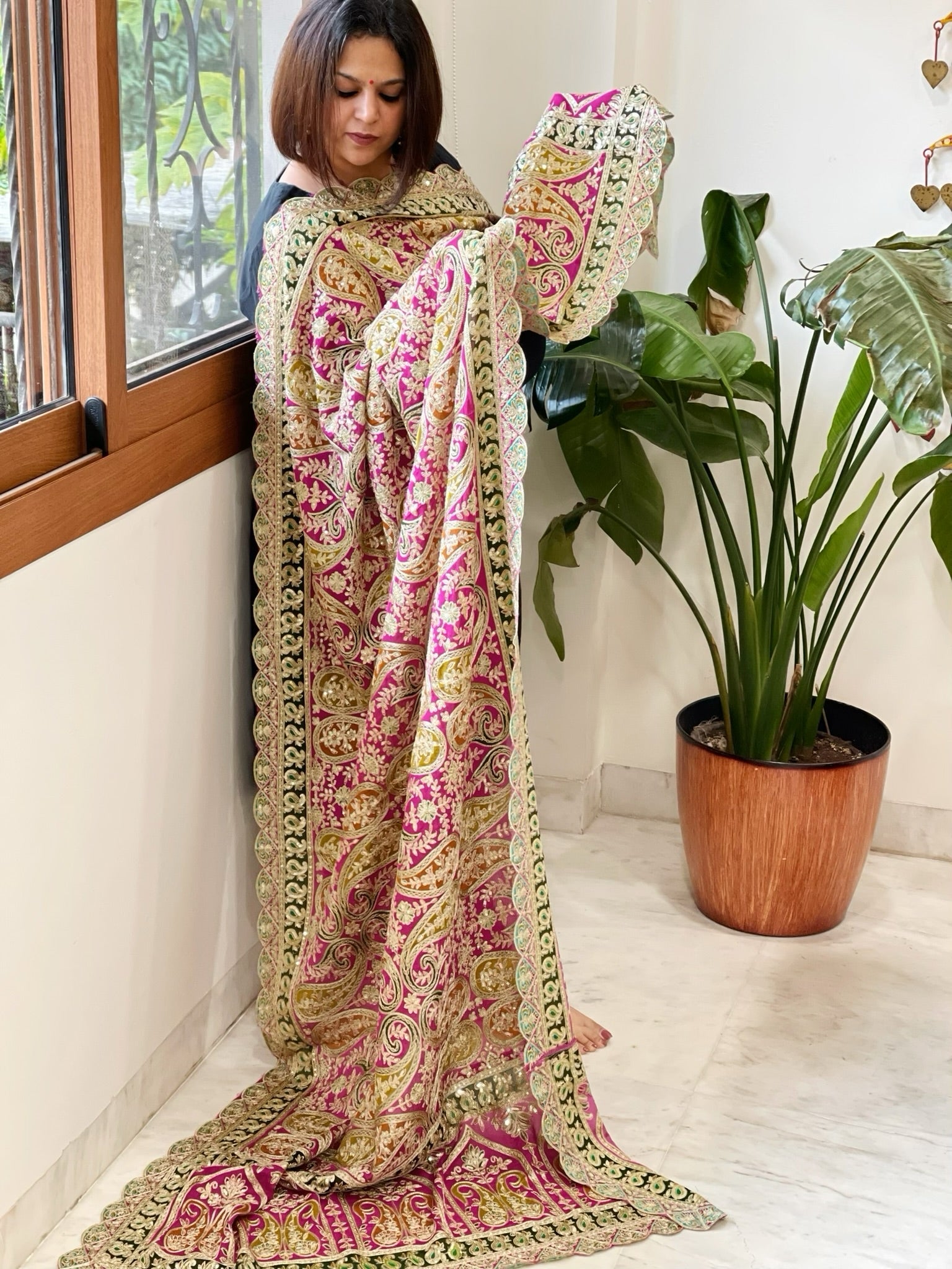 Pink Chinon Dupatta with Aari Embroidery - Masakalee