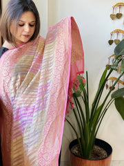 Pink, Cream, Purple Handwoven Banarasi Rangkhat Dupatta in Pure Georgette - Masakalee