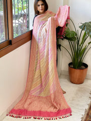 Pink, Cream, Purple Handwoven Banarasi Rangkhat Dupatta in Pure Georgette - Masakalee