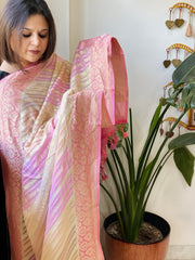 Pink, Cream, Purple Handwoven Banarasi Rangkhat Dupatta in Pure Georgette - Masakalee