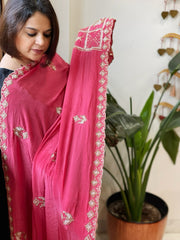 Pink Crepe Dupatta with Pearl, Cut Daana, Gold Thread & Sequin Embroidery - Masakalee