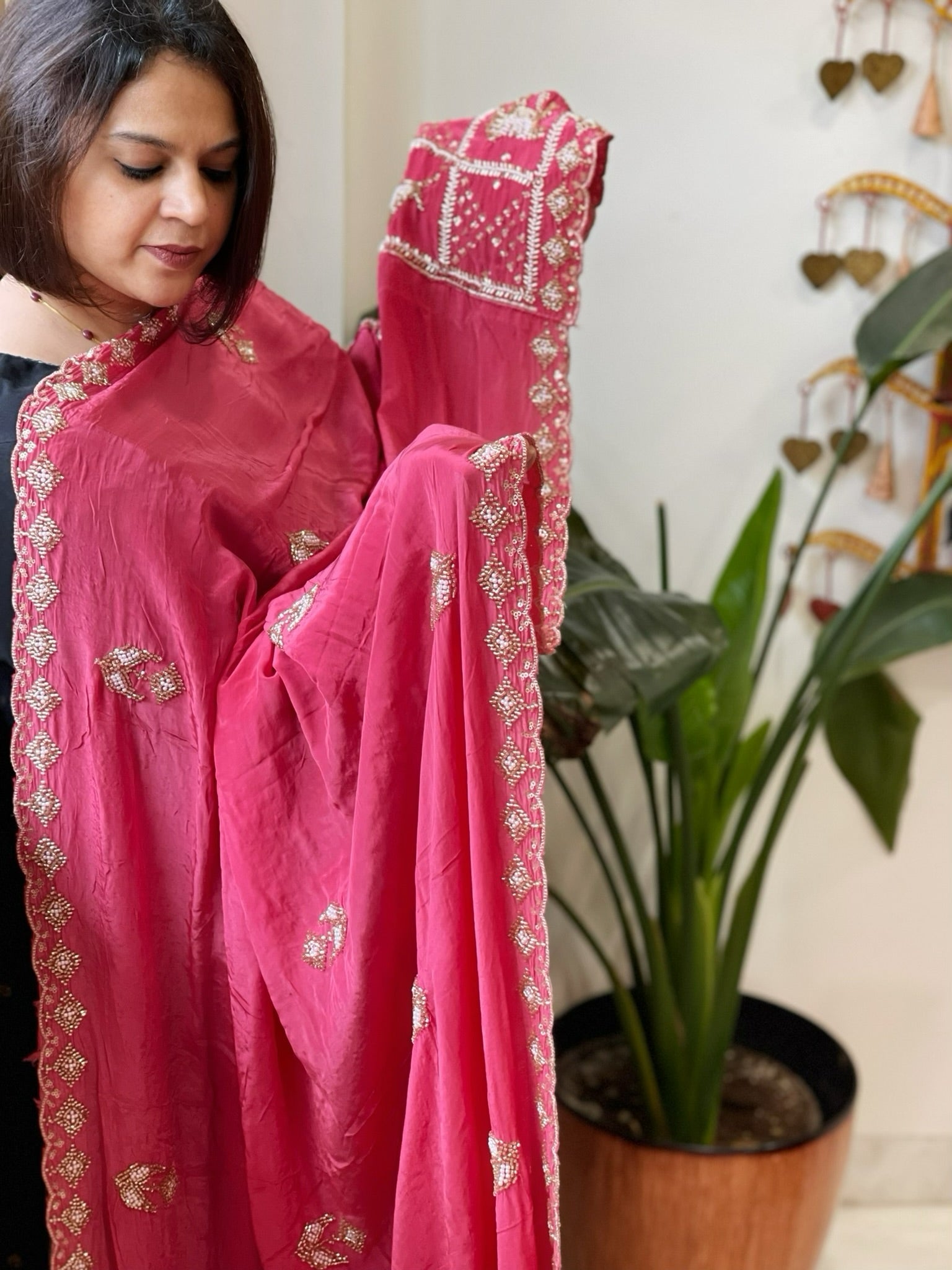 Pink Crepe Dupatta with Pearl, Cut Daana, Gold Thread & Sequin Embroidery - Masakalee