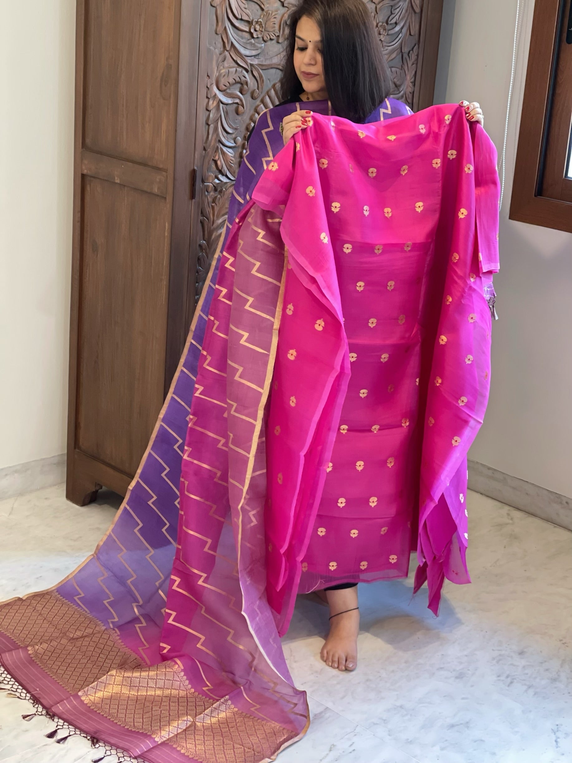 Pink Designer Banarasi Suit Set in Pure Organza - Masakalee
