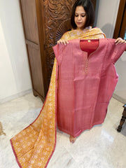 Pink Dupatta Set (Kurta+Dupatta) with Handblock Print in Pure Tussar Silk - Masakalee