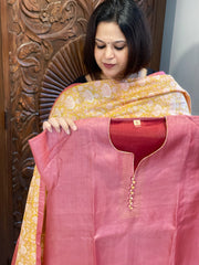 Pink Dupatta Set (Kurta+Dupatta) with Handblock Print in Pure Tussar Silk - Masakalee