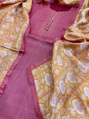 Pink Dupatta Set (Kurta+Dupatta) with Handblock Print in Pure Tussar Silk - Masakalee