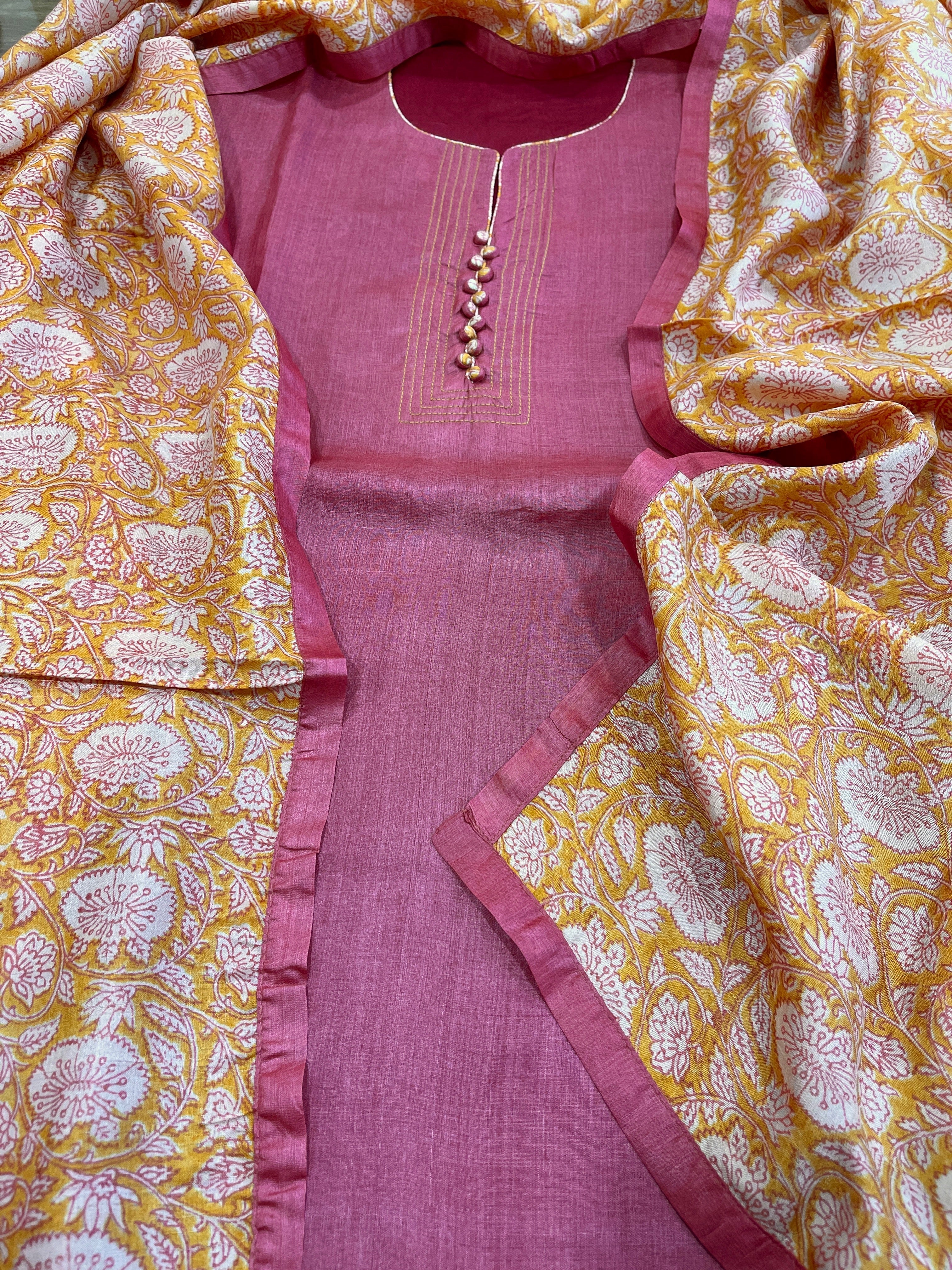 Pink Dupatta Set (Kurta+Dupatta) with Handblock Print in Pure Tussar Silk - Masakalee