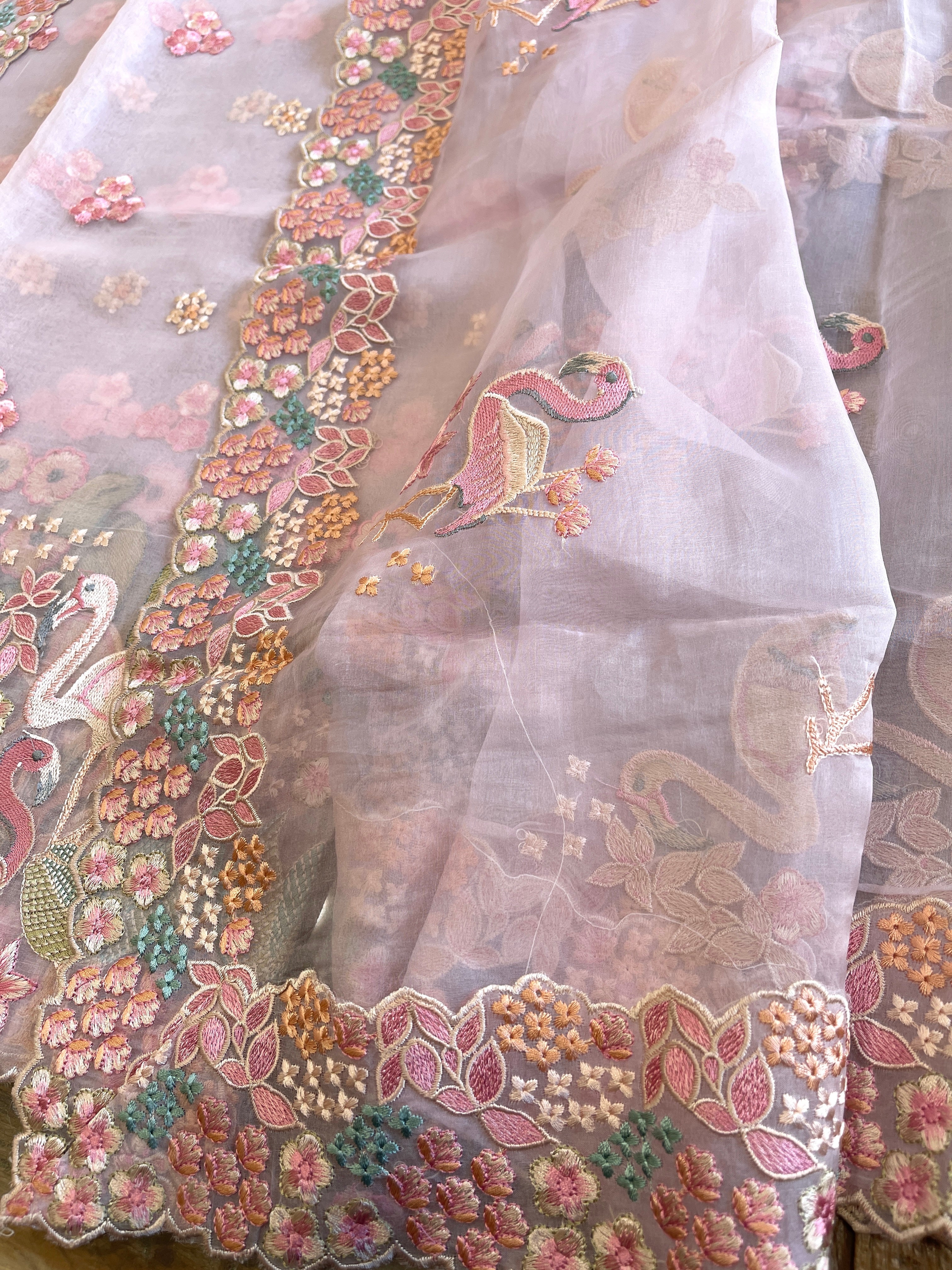 Pink Dupatta Set (Kurta+Dupatta) with Thread Embroidery in Pure Organza - Masakalee