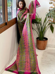 Pink, Green Handmade Kantha Dupatta in Silk - Masakalee