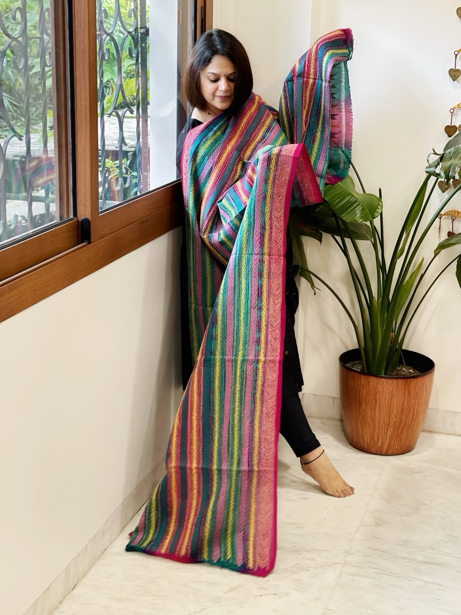 Pink, Green Handmade Kantha Dupatta in Silk - Masakalee