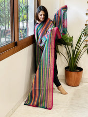 Pink, Green Handmade Kantha Dupatta in Silk - Masakalee