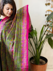 Pink, Green Handmade Kantha Dupatta in Silk - Masakalee