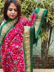 Pink, Green Handwoven Ikat Patola with Gotapatti & Pearl Handwork dupatta in Pure Silk - Masakalee