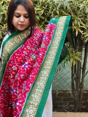 Pink, Green Handwoven Ikat Patola with Gotapatti & Pearl Handwork dupatta in Pure Silk - Masakalee