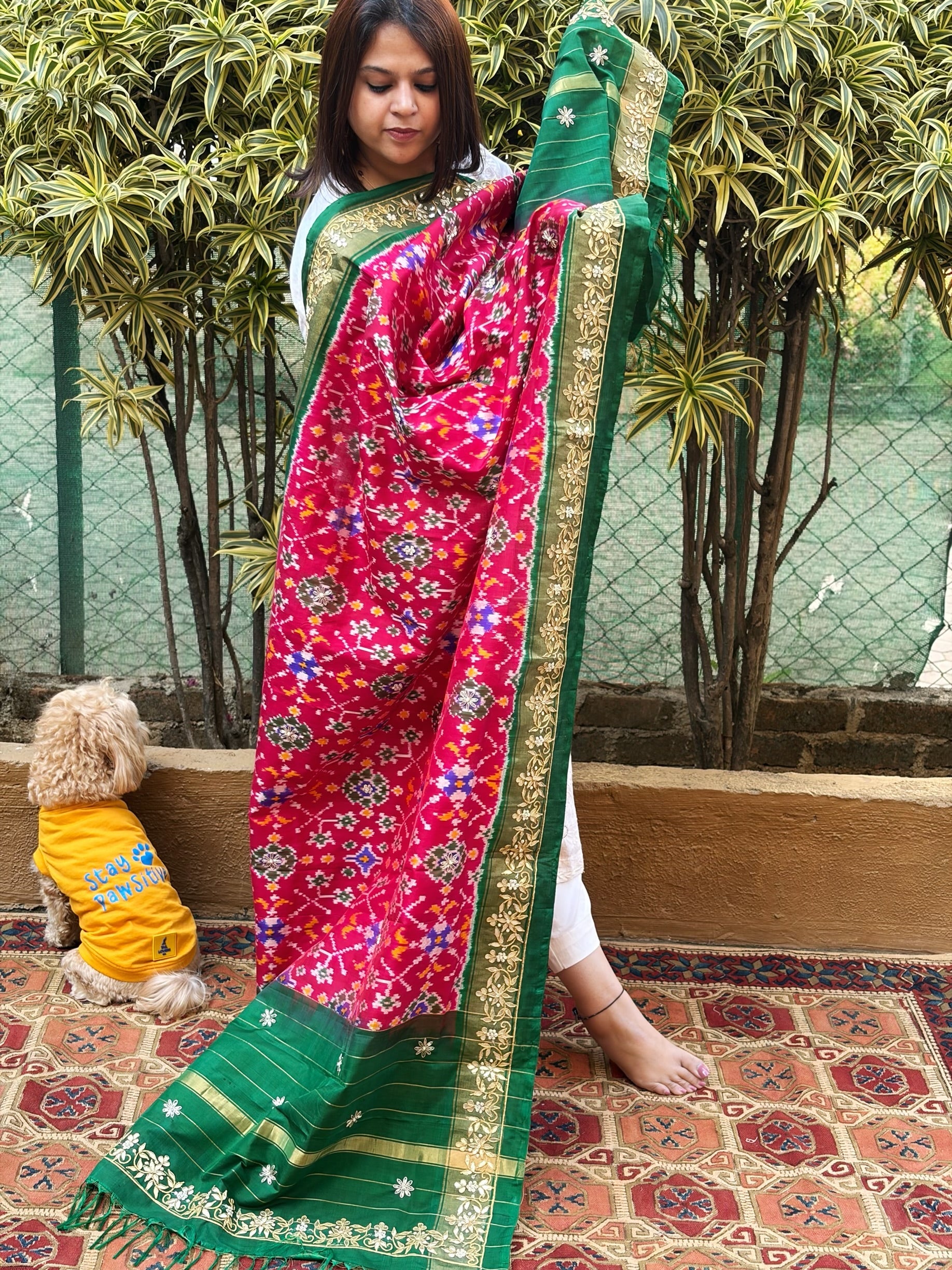 Pink, Green Handwoven Ikat Patola with Gotapatti & Pearl Handwork dupatta in Pure Silk - Masakalee