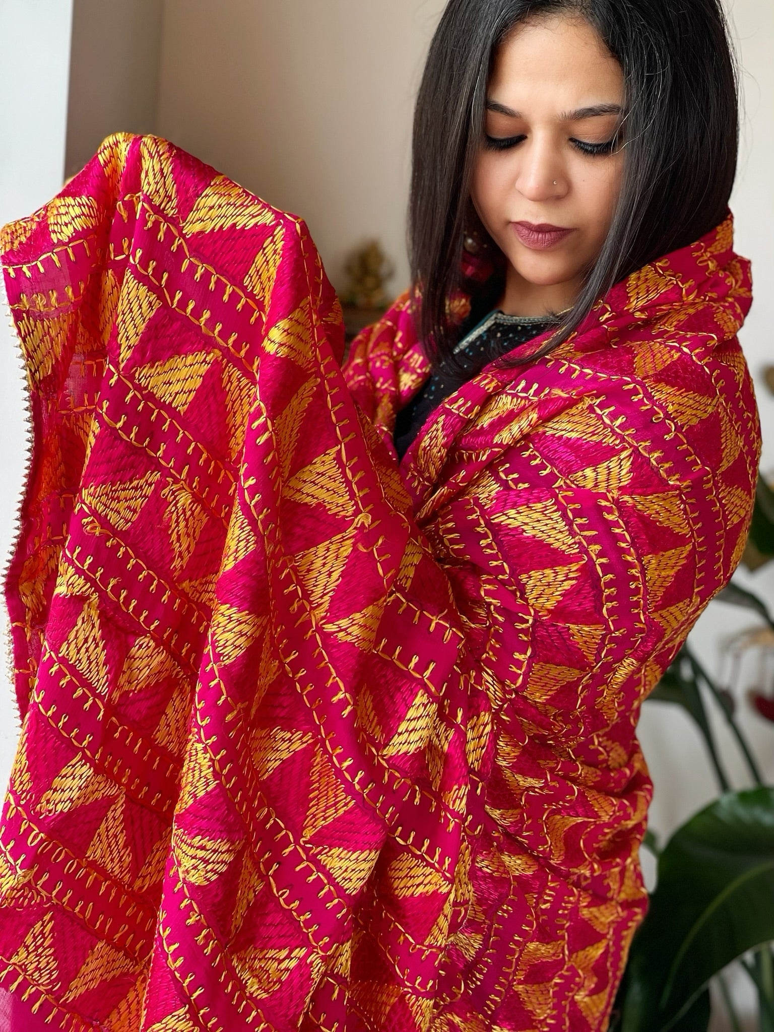 Pink Handmade Desginer Phulkari Dupatta in Pure Chinon - Masakalee