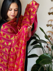 Pink Handmade Desginer Phulkari Dupatta in Pure Chinon - Masakalee