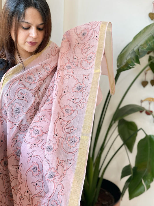 Pink Handmade Kantha Dupatta in Pure Cotton - Masakalee