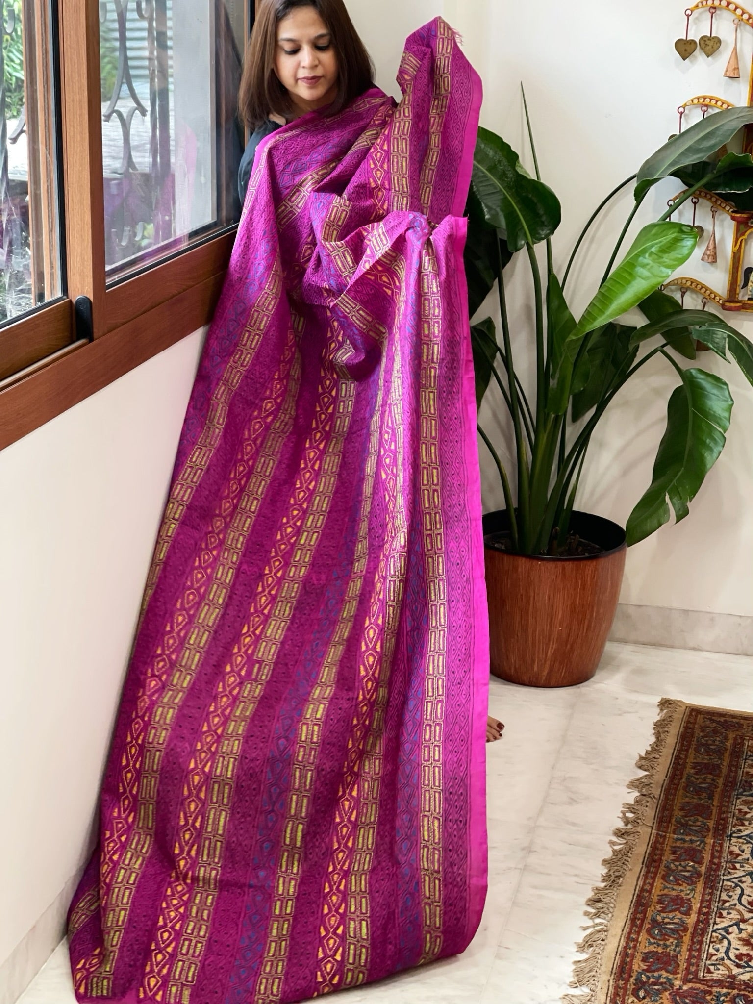Pink Handmade Kantha Dupatta in Silk - Masakalee