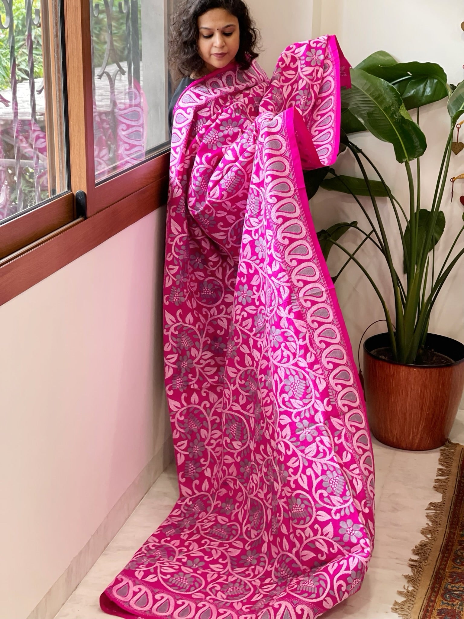 Pink Handmade Nakshi Kantha Dupatta in Pure Silk - Masakalee