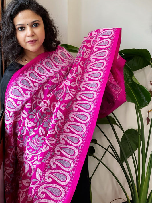 Pink Handmade Nakshi Kantha Dupatta in Pure Silk - Masakalee