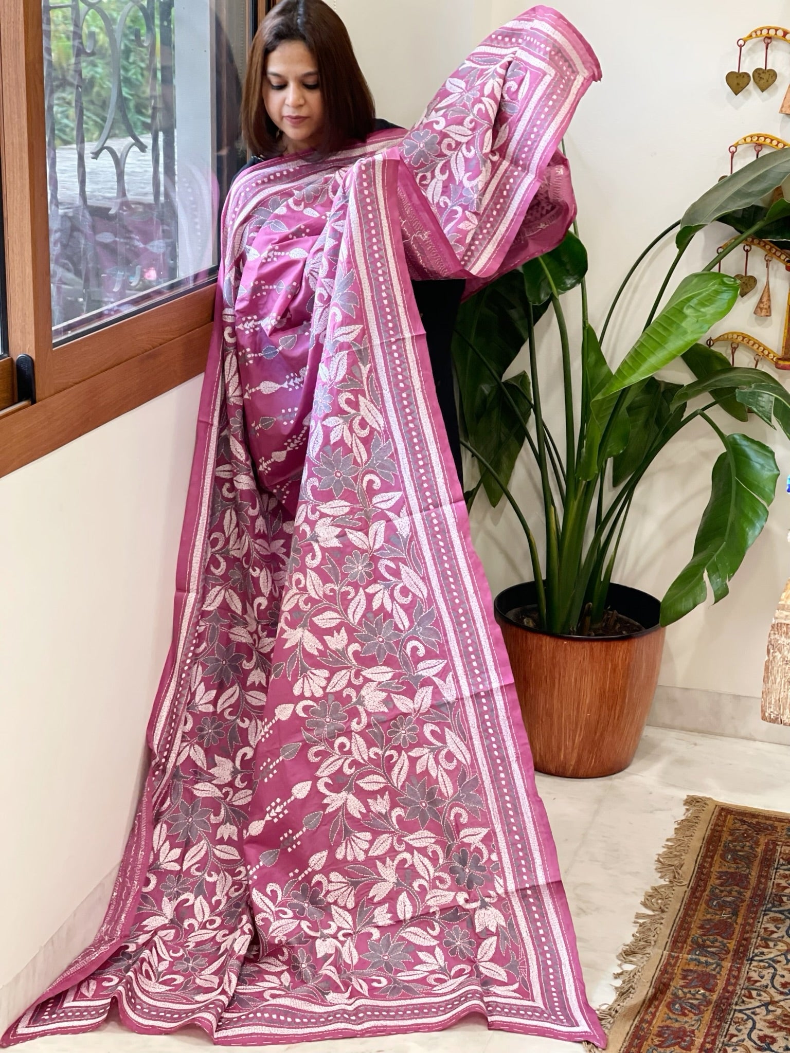 Pink Handmade Nakshi Kantha Dupatta in Pure Silk - Masakalee