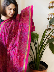 Pink Handmade Reverse Nakshi Kantha Dupatta in Silk - Masakalee