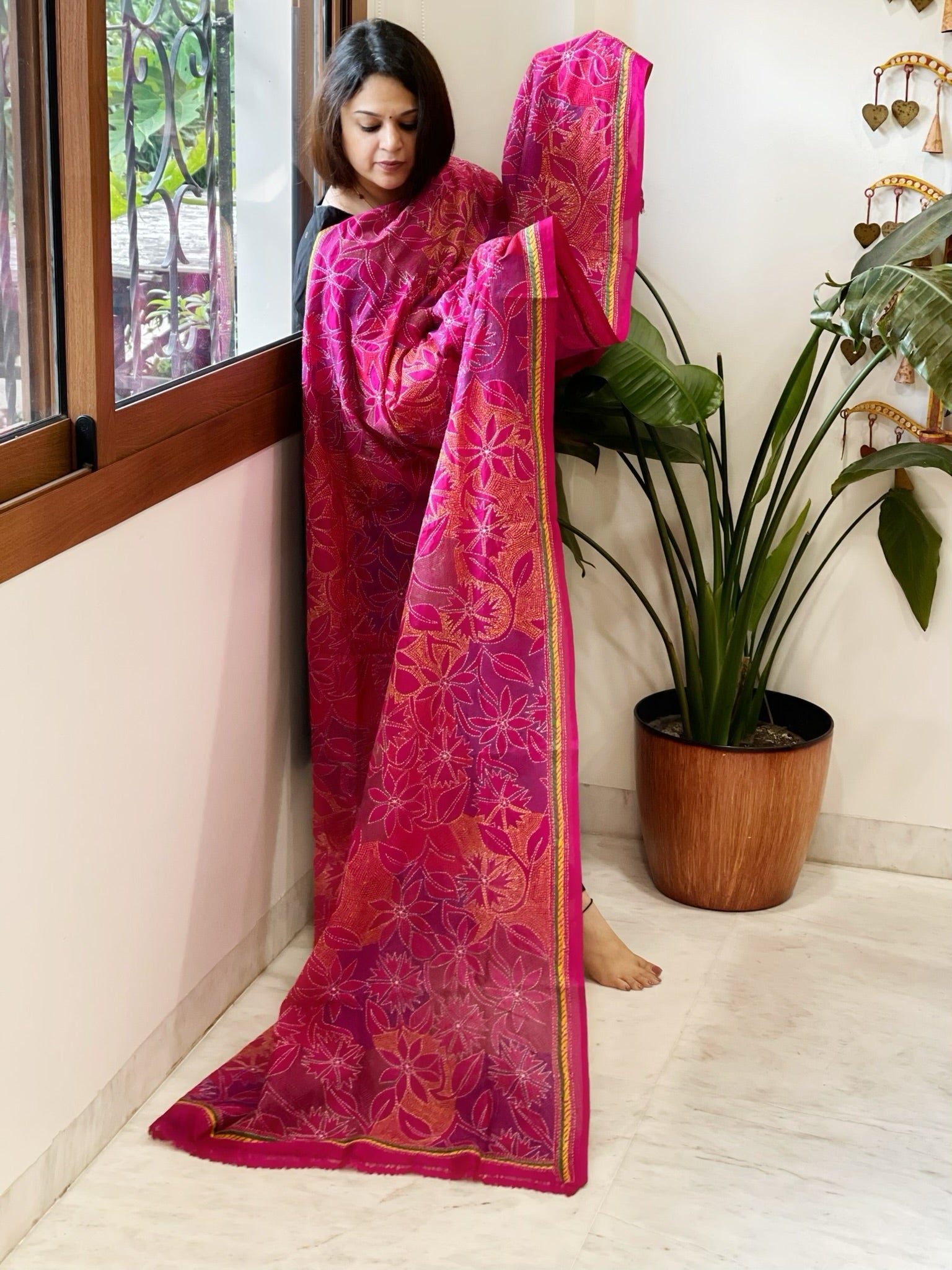 Pink Handmade Reverse Nakshi Kantha Dupatta in Silk - Masakalee