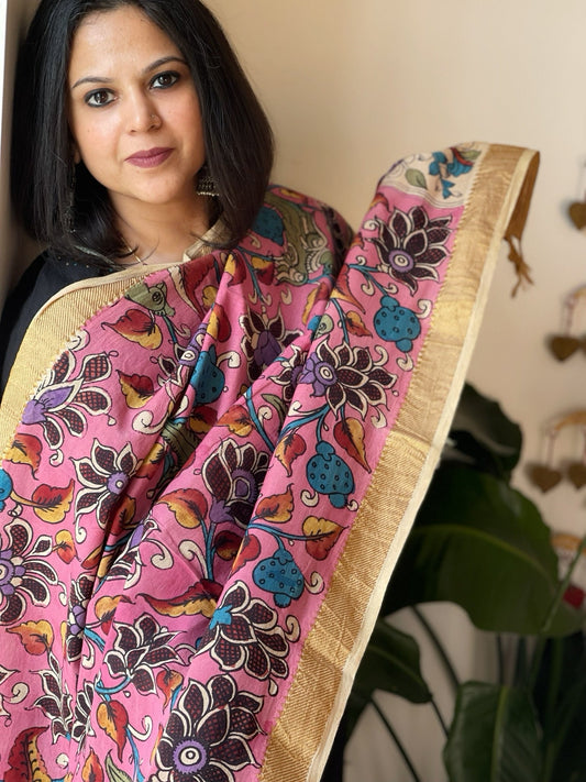 Pink Handpainted Kalamkari Dupatta in Cotton - Masakalee