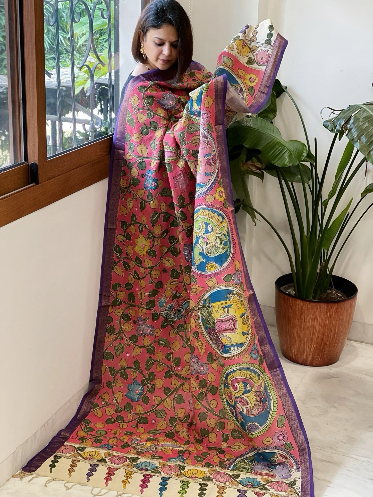 Pink Handpainted Kalamkari Dupatta with Thread & Mirror Handwork in Chanderi Silk - Masakalee