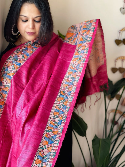 Pink Handpainted Madhubani Dupatta in Pure Tussar Silk - Masakalee