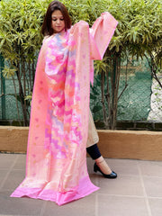 Pink Handwoven Banarasi Rangkhat Dupatta in Pure Katan Silk - Masakalee
