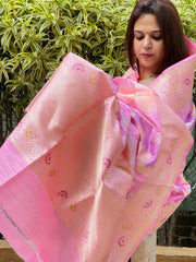 Pink Handwoven Banarasi Rangkhat Dupatta in Pure Katan Silk - Masakalee
