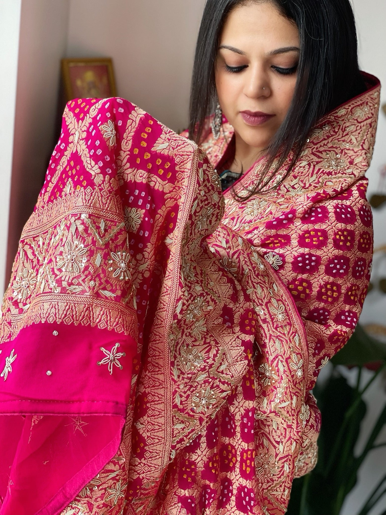 Pink Handwoven NeemZari Bareek Bandhani with Dabka Handwork in Pure Georgette - Masakalee