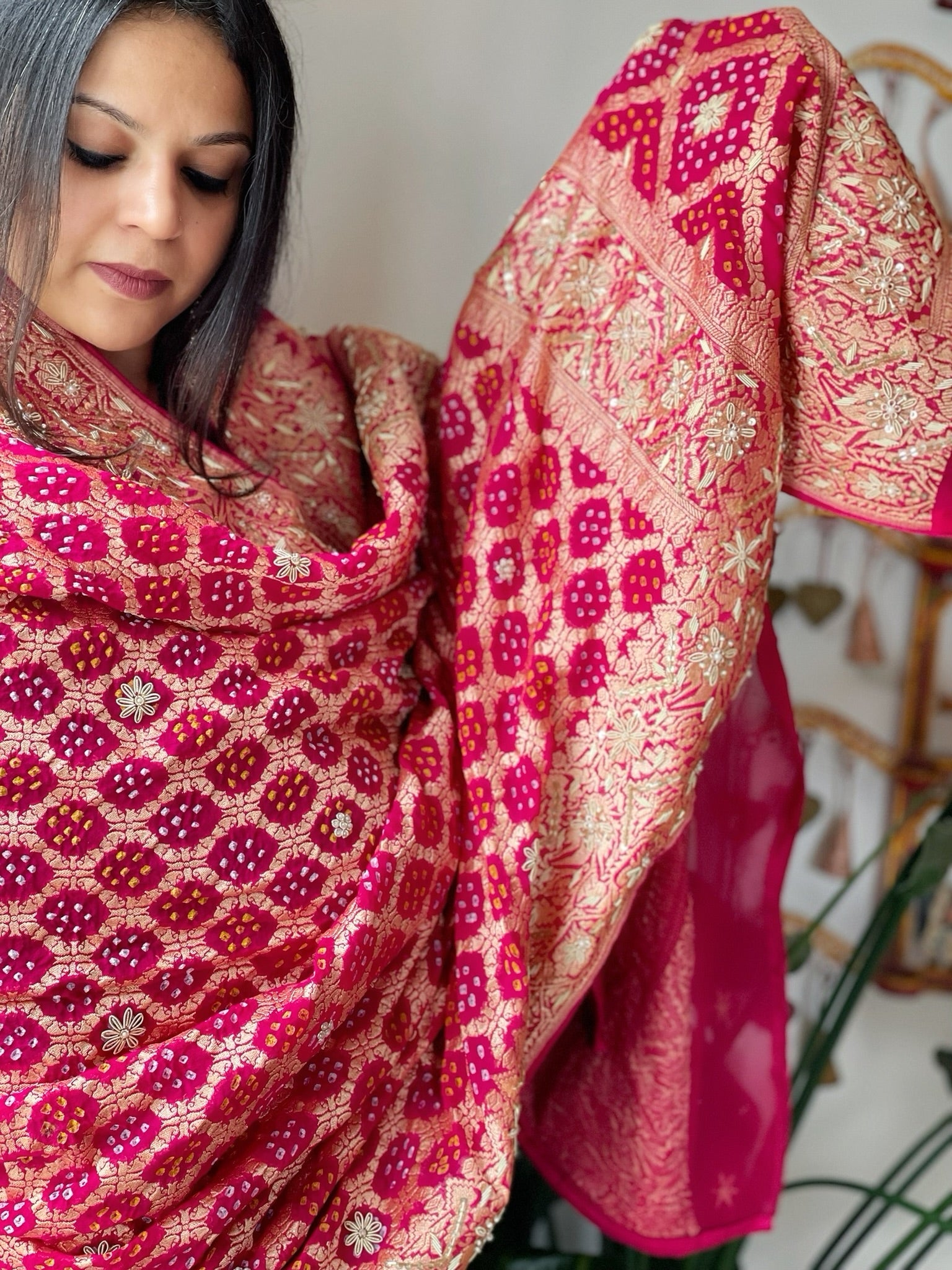 Pink Handwoven NeemZari Bareek Bandhani with Dabka Handwork in Pure Georgette - Masakalee