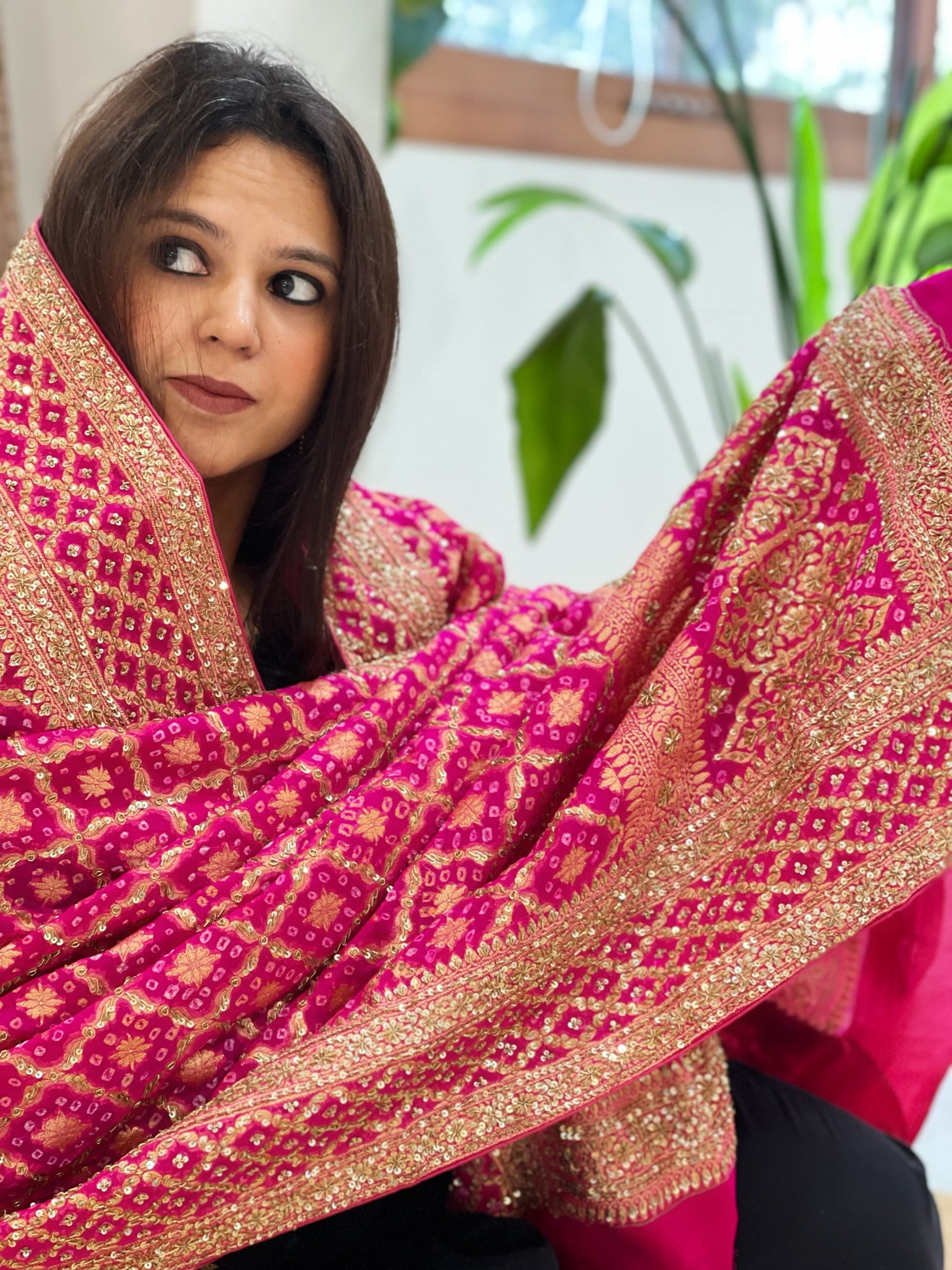 Pink Handwoven NeemZari Bareek Bandhani with Sequin, Dabka Handwork in Pure Georgette - Masakalee