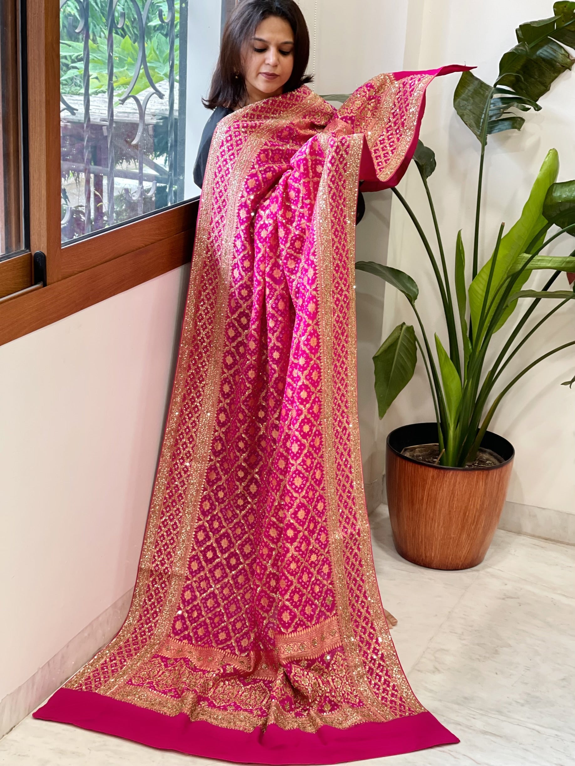 Pink Handwoven NeemZari Bareek Bandhani with Sequin, Dabka Handwork in Pure Georgette - Masakalee