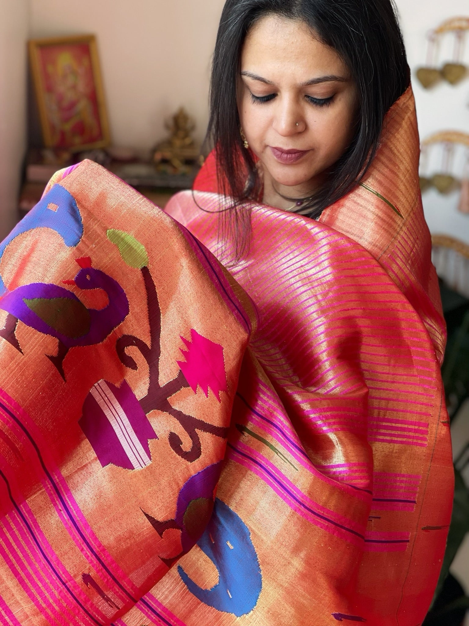 Pink Handwoven Paithani Dupatta in Pure Silk - Masakalee