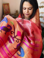 Pink Handwoven Paithani Dupatta in Pure Silk - Masakalee
