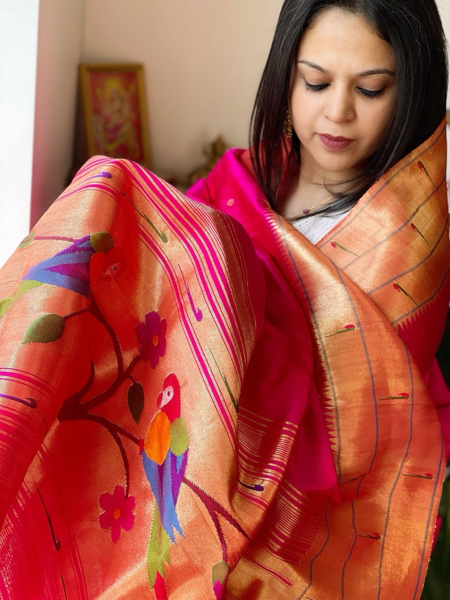 Pink Handwoven Triple Zari Border Paithani Dupatta in Pure Silk - Masakalee