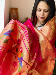 Pink Handwoven Triple Zari Border Paithani Dupatta in Pure Silk - Masakalee