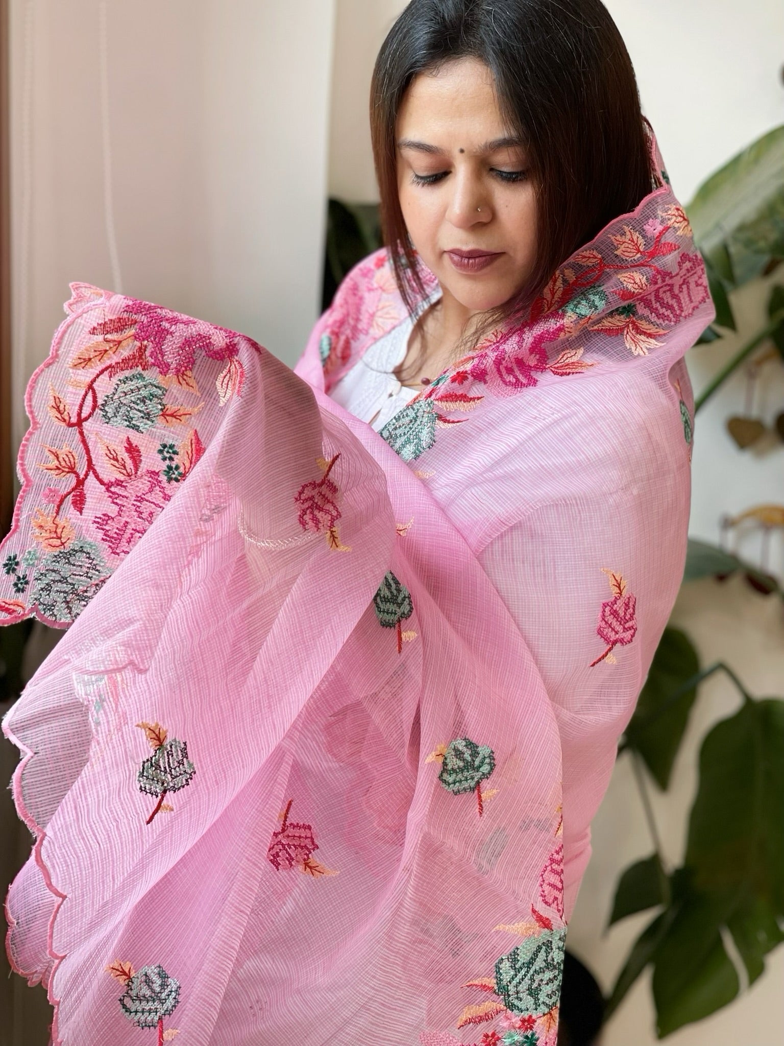 Pink Kota Cotton Dupatta with Cross - Stitch Embroidered Border - Masakalee