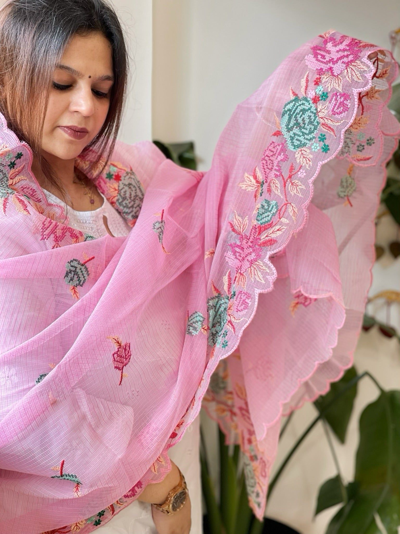 Pink Kota Cotton Dupatta with Cross - Stitch Embroidered Border - Masakalee