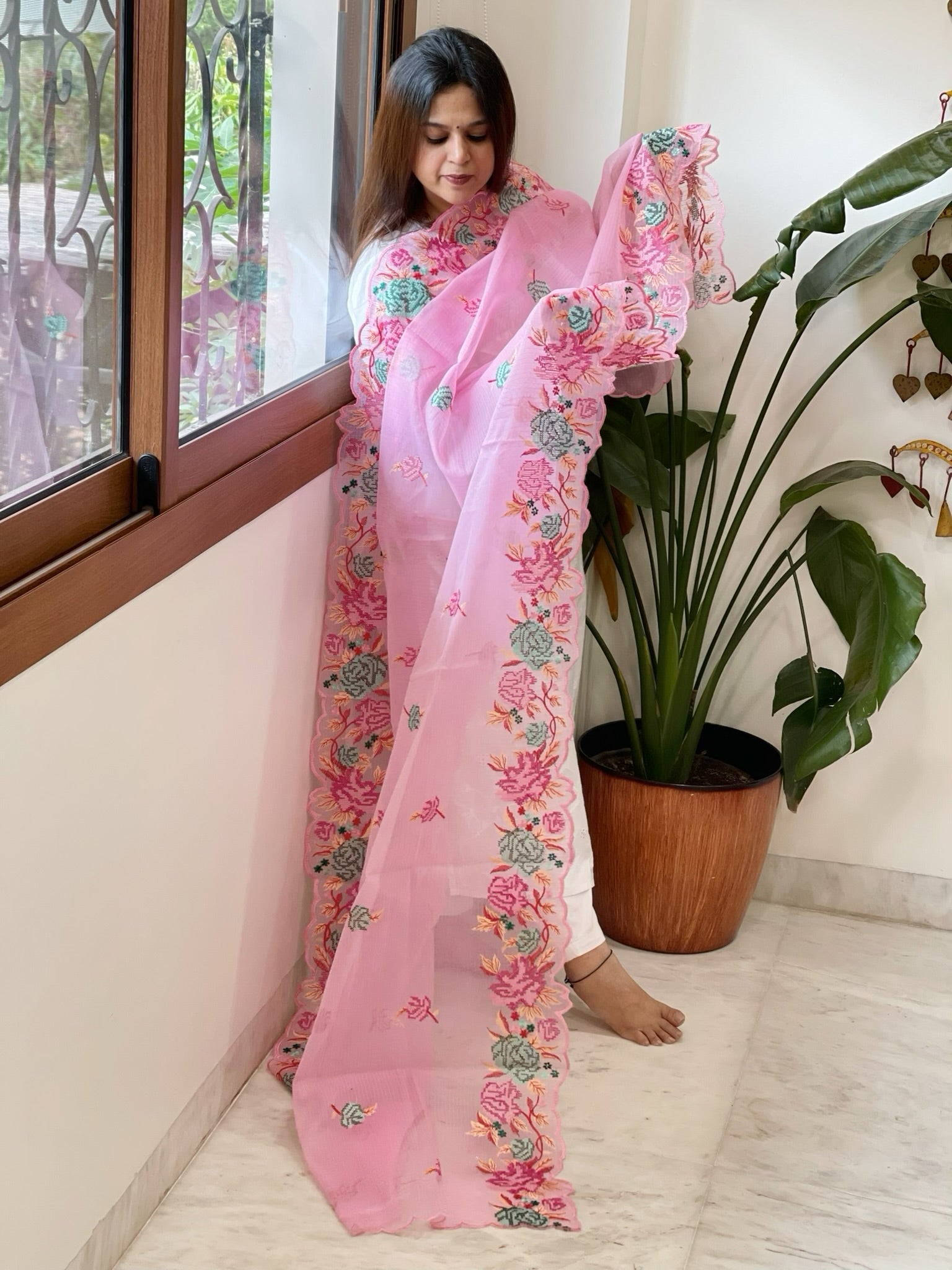 Pink Kota Cotton Dupatta with Cross - Stitch Embroidered Border - Masakalee
