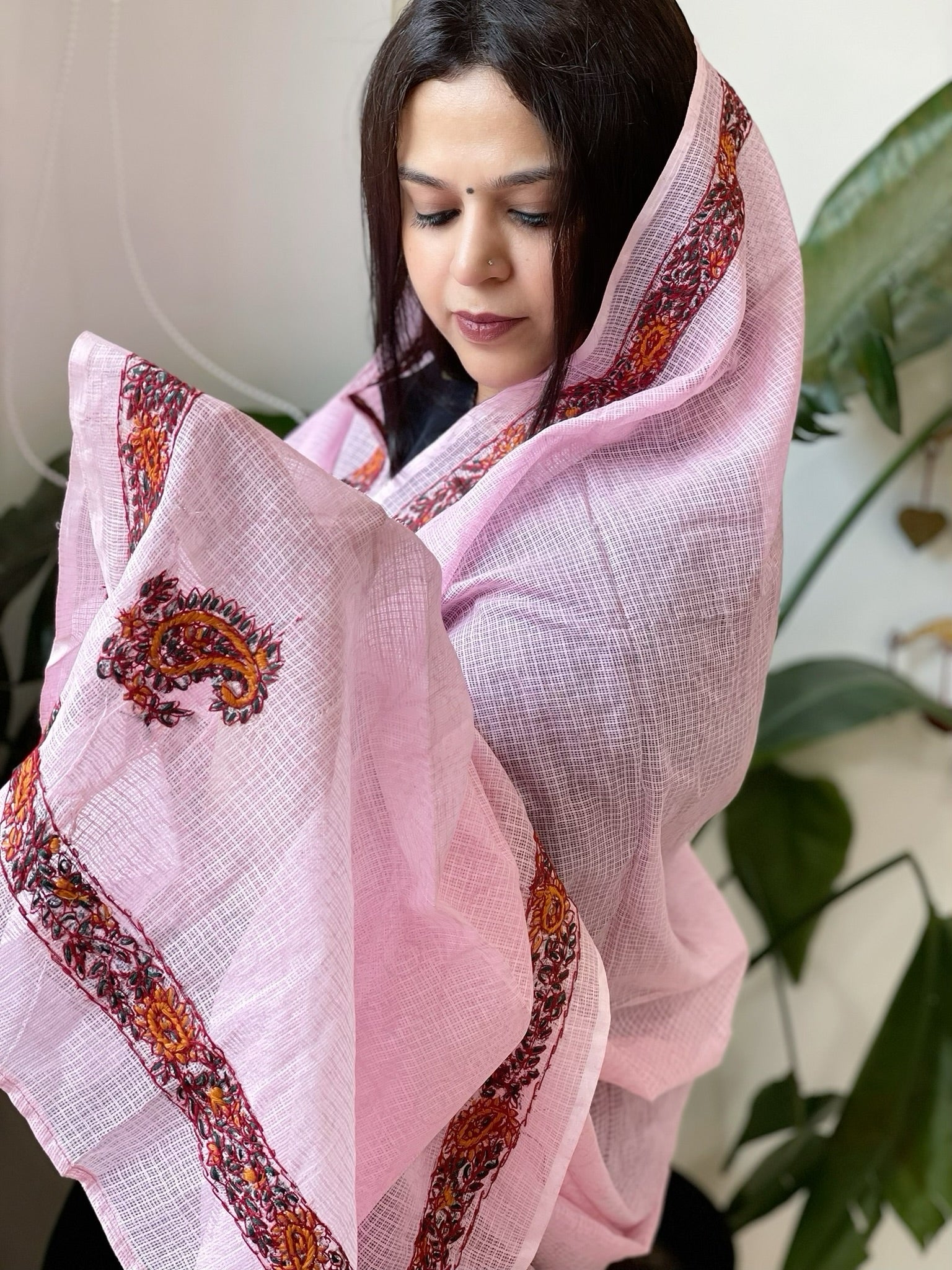 Pink Kota Cotton Dupatta with Kantha Hand Embroidery - Masakalee