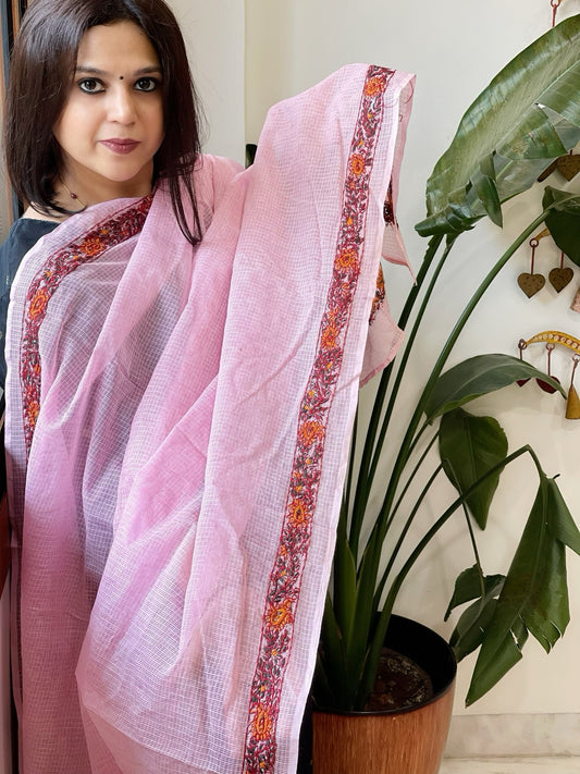 Pink Kota Cotton Dupatta with Kantha Hand Embroidery - Masakalee