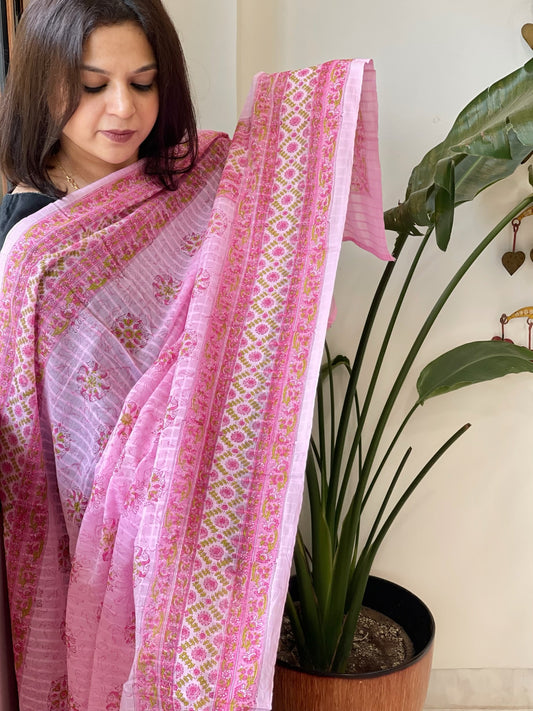 Pink Mul Cotton Handblock Printed Dupatta - Masakalee